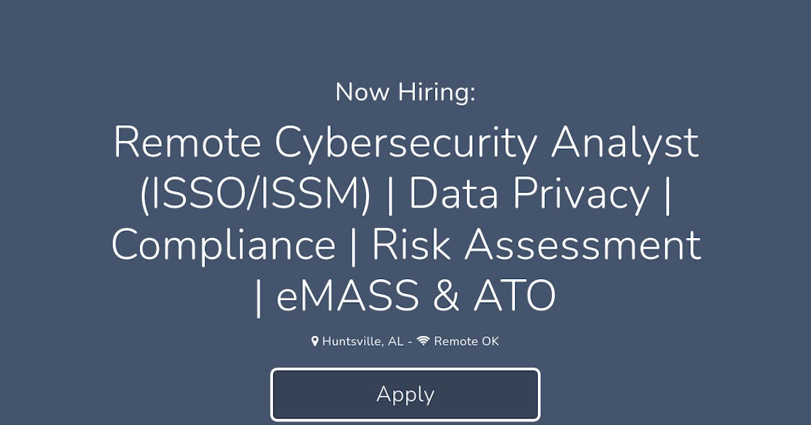Remote Cybersecurity Analyst (ISSO/ISSM) Data Privacy Compliance Risk Assessment eMASS